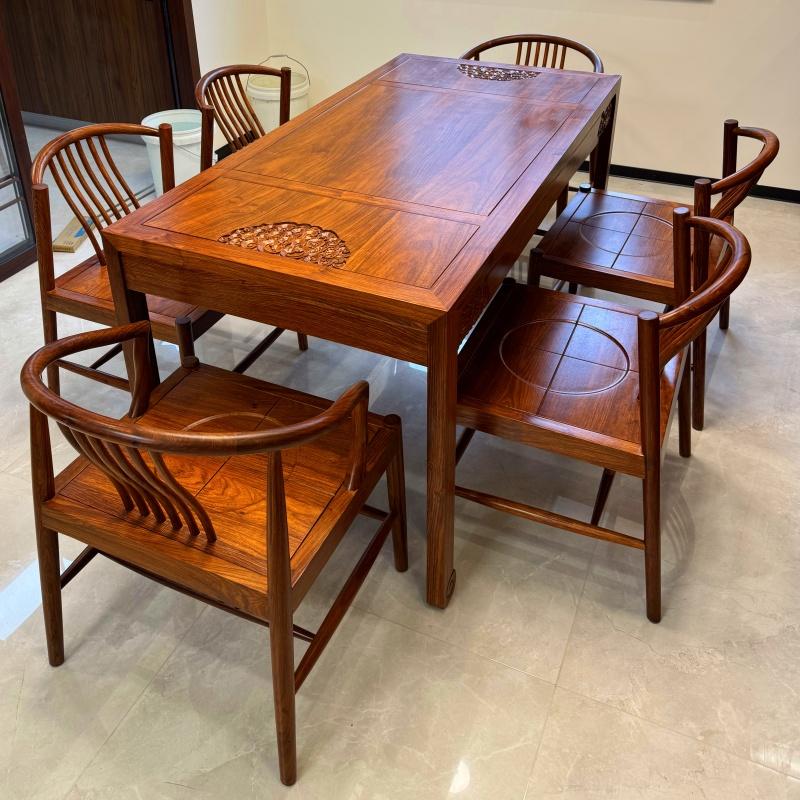 实木长方形新中式餐桌椅组合