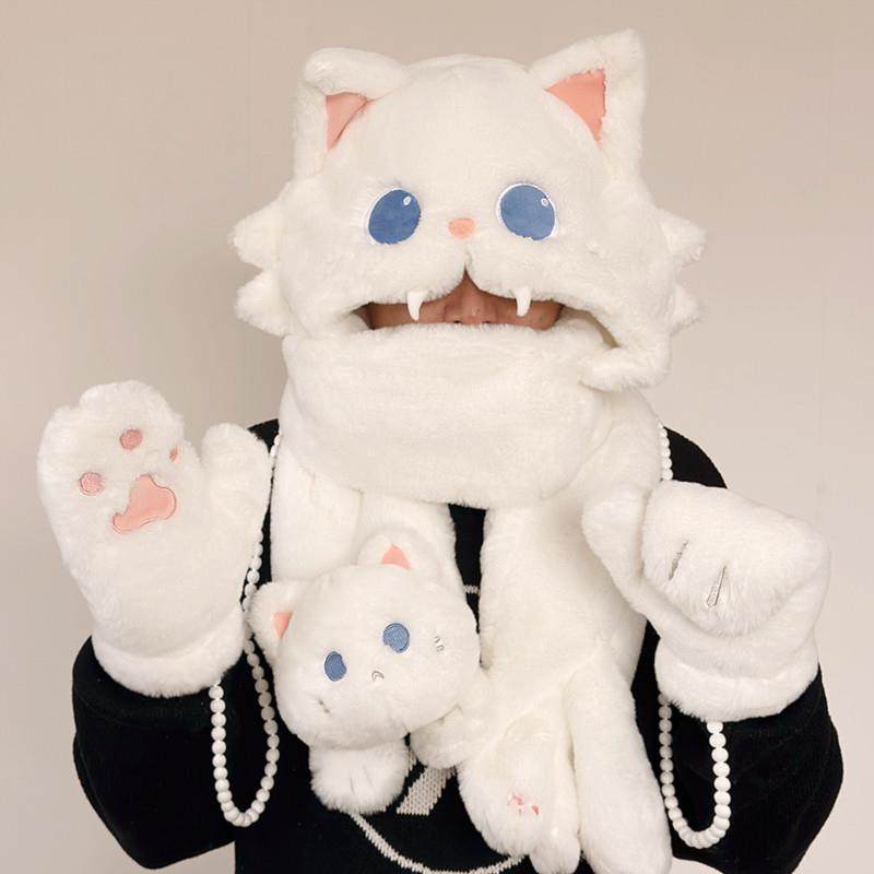 可爱猫咪围脖帽子手套一体毛绒保暖百搭连帽围巾冬季女生礼物礼品,玩具/童车/益智/积木/模型,毛绒/玩偶/公仔/布艺类玩具,淘宝优惠券,粉丝福利购,淘宝优惠卷