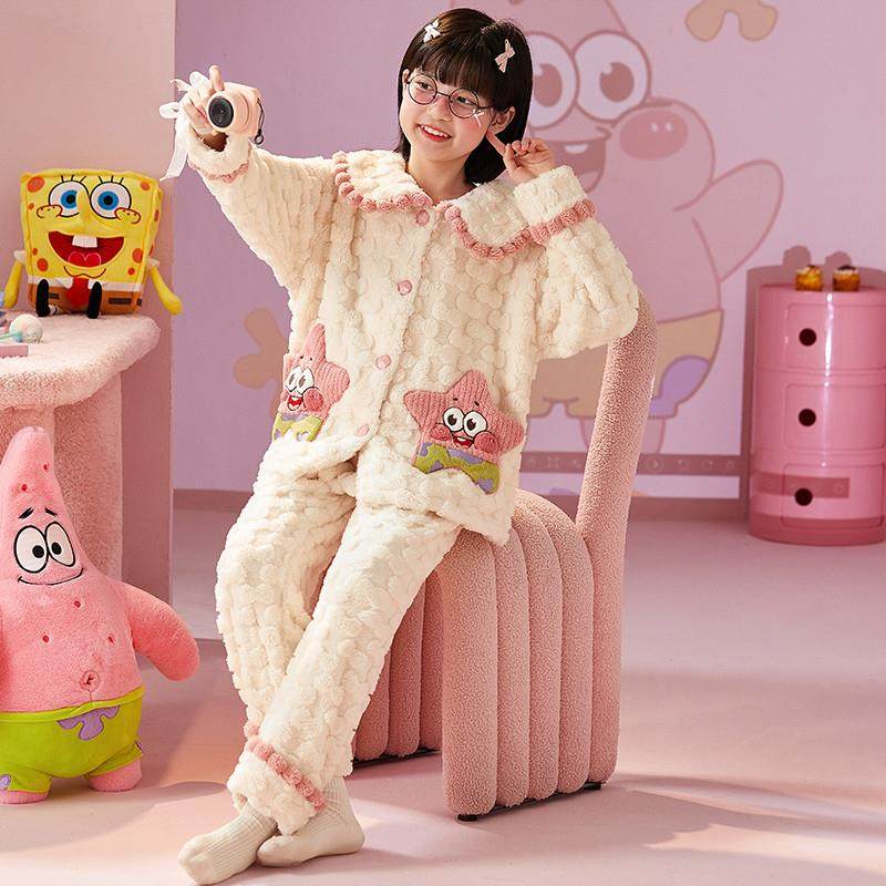 儿童睡衣秋冬季女童珊瑚绒公主风加厚加绒套装初中生女孩子家居服