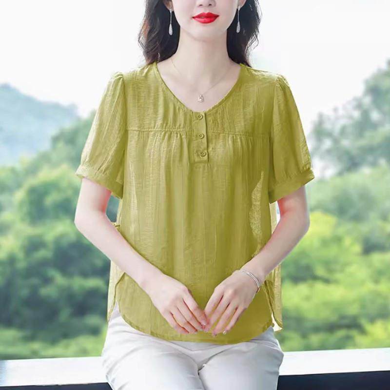 高端天丝棉麻衬衫女短袖t恤年轻妈妈夏装小衫宽松遮肚子亚麻上衣