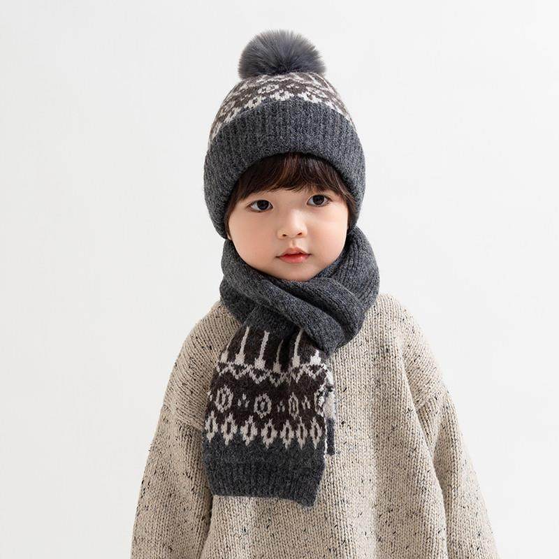 儿童毛线 线帽秋冬季宝宝帽子围巾两件套男童女童针织帽保暖帽套