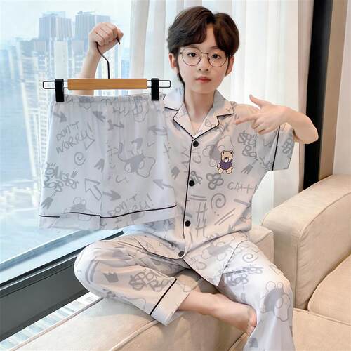 抱抱熊睡衣男童夏季冰丝薄款短袖三件套青少年男孩儿童真丝家居服