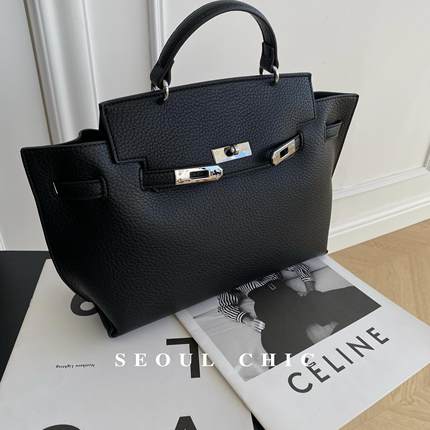 SEOULCHIC 高级感手提凯莉包2023新款软皮荔枝纹通勤包单肩斜挎包