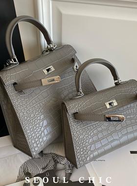 SEOULCHIC 高级感鳄鱼纹凯莉包2024新款质感精致手提包单肩斜挎包
