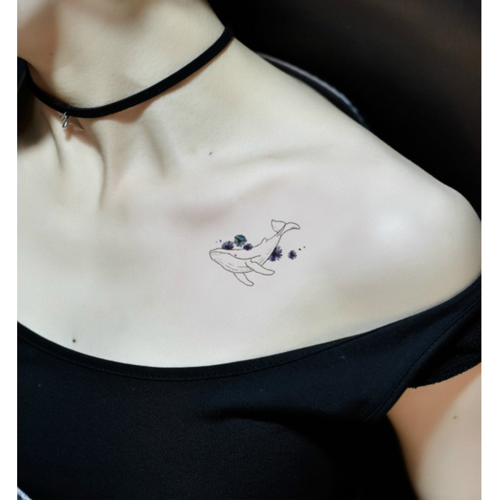 喵小姐纹身贴防水男女持久韩国仿真可爱清新彩色手绘鲸鱼刺青贴纸