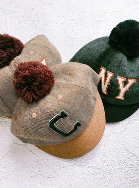 秋冬男儿童宝宝小孩字母羊毛呢子鸭舌帽百搭经典帅气写真球球帽子