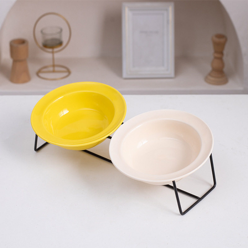 马卡龙色护边宠物碗陶瓷碗猫碗狗碗防黑下巴食盆狗盆护颈双碗支架