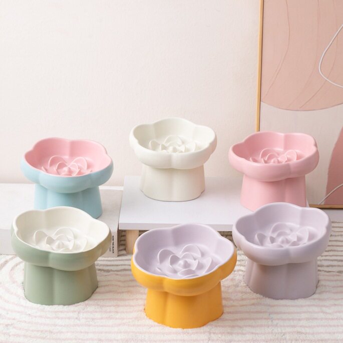 宠物慢食碗高脚陶瓷猫碗狗碗小型犬猫咪缓食防噎防打翻护颈斜口碗