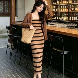 韩系温柔风套装女针织开衫+条纹吊带裙修身针织连衣裙显瘦两件套