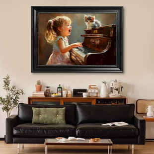 钢琴演奏女孩装饰画复古美式客厅卧室壁画可爱猫咪琴房书房挂画