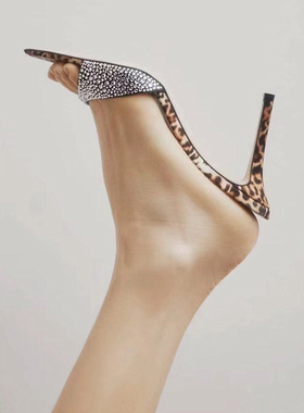 2025年夏新款尖头豹纹水钻高跟凉鞋鱼嘴性感一字带细跟半拖凉拖鞋
