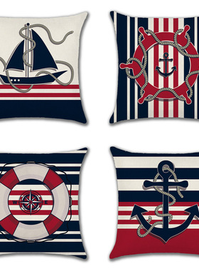 亚马逊蓝色船锚海龟海马美式海洋风格亚麻抱枕套家居布艺沙发