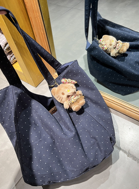 新款ins藏蓝色点点单肩包韩系大容量托特包简约百搭通勤包上课包