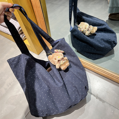 新款ins藏蓝色点点单肩包韩系大容量托特包简约百搭通勤包上课包