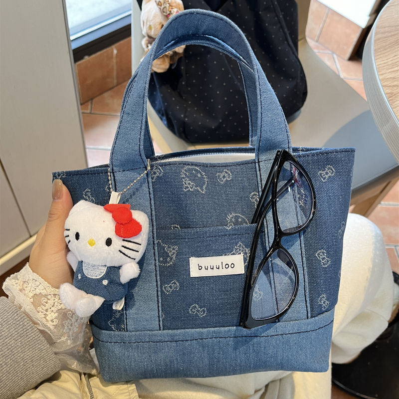 thumbnail for Cute denim kitty commuter embroidery handbag portable storage out splicing handbag bag bento bag