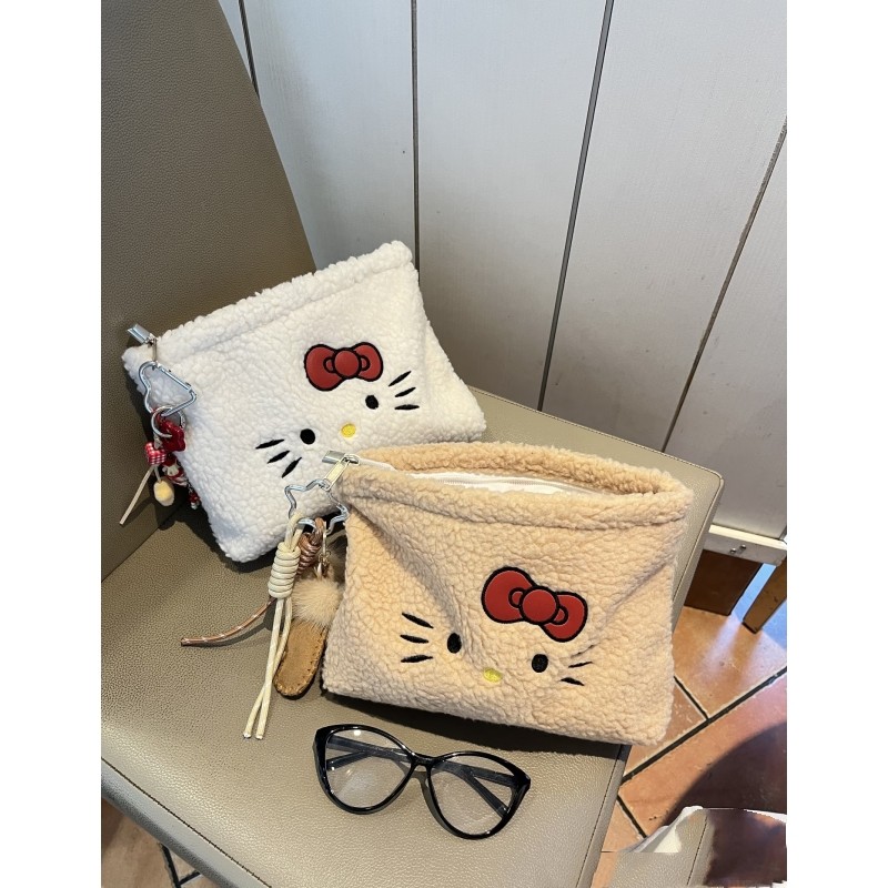 新款原创羊羔毛刺绣kitty化妆包复古大容量内胆包便携出行杂物包