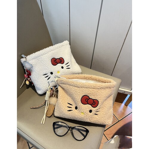 复古原创羊羔毛刺绣kitty化妆包