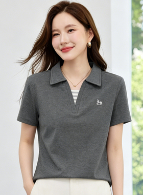 翻领正肩短袖t恤女2026夏季新款爆款洋气灰色上衣半袖有领体恤衫