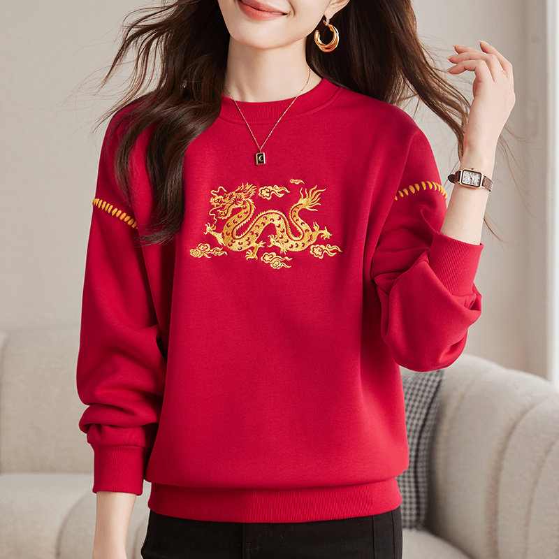 大红色加绒保暖圆领卫衣女新年爆款绣花百搭洋气显瘦女装长袖上衣