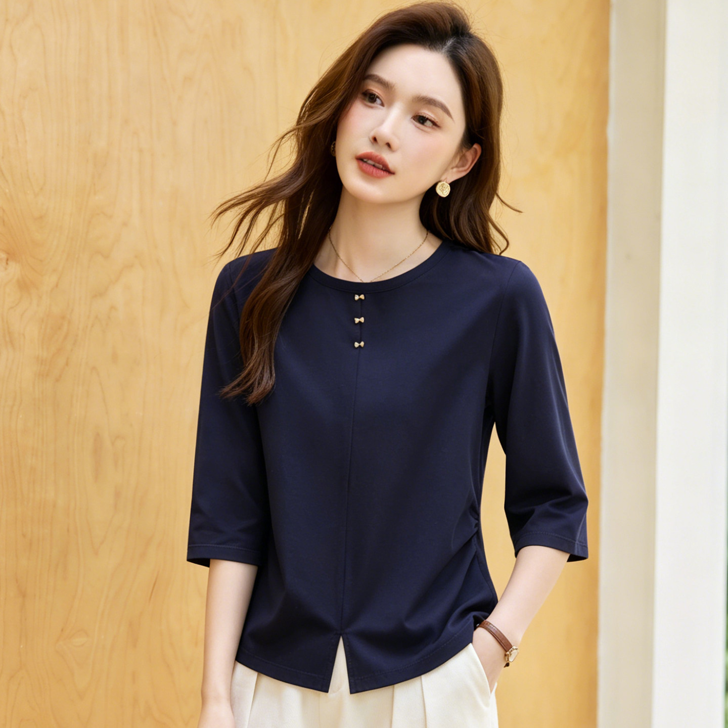 七分袖t恤女士中袖上衣2026新款春夏体恤洋气打底衫高端纯色女装