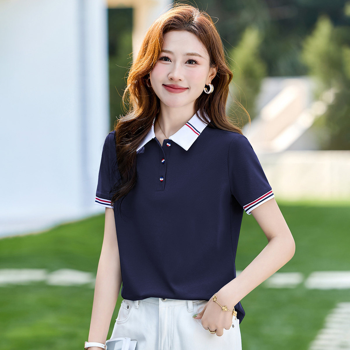 冰丝翻领polo衫女短袖T恤2026新款夏薄款假两件百搭透气刺绣上衣