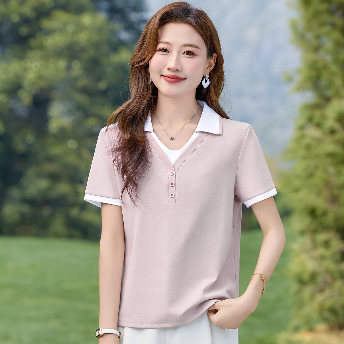 翻领短袖t恤女2026年新款夏季女士假两件上衣正肩宽松女装polo衫