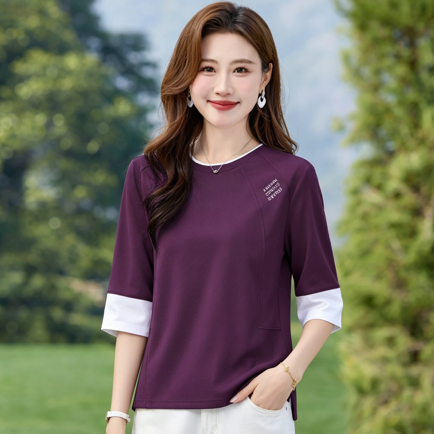 假两件圆领中袖t恤女2026