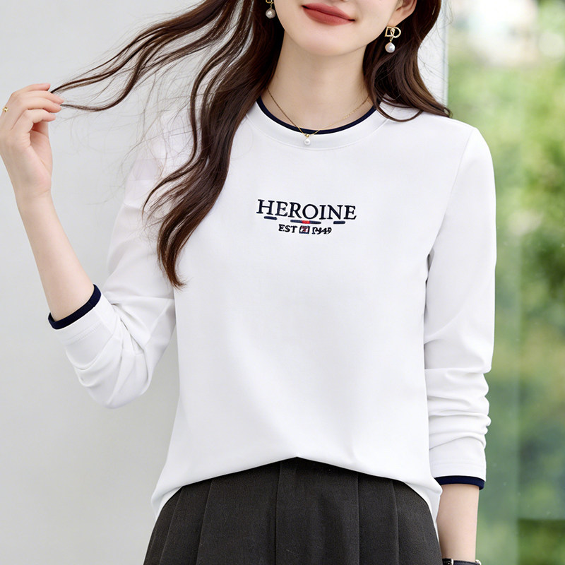 GCMUSCLE假两件打底衫长袖t恤春秋薄款圆领洋气减龄女士白色上衣