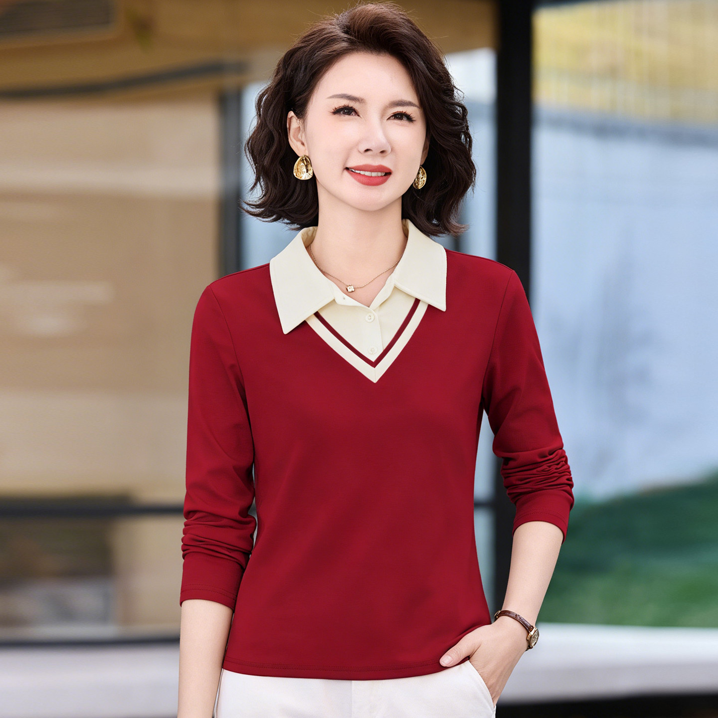 秋季翻领长袖t恤女2026新款春秋