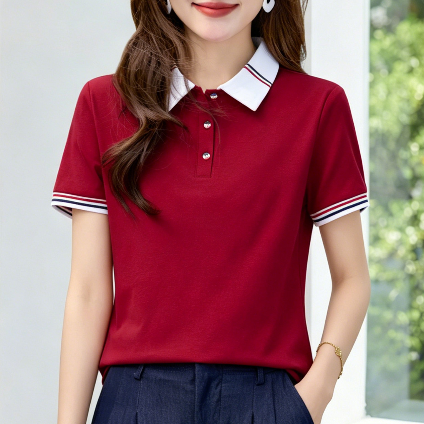 红色翻领短袖T恤女2026新款夏季女装时尚正肩POLO体恤衫带领上衣