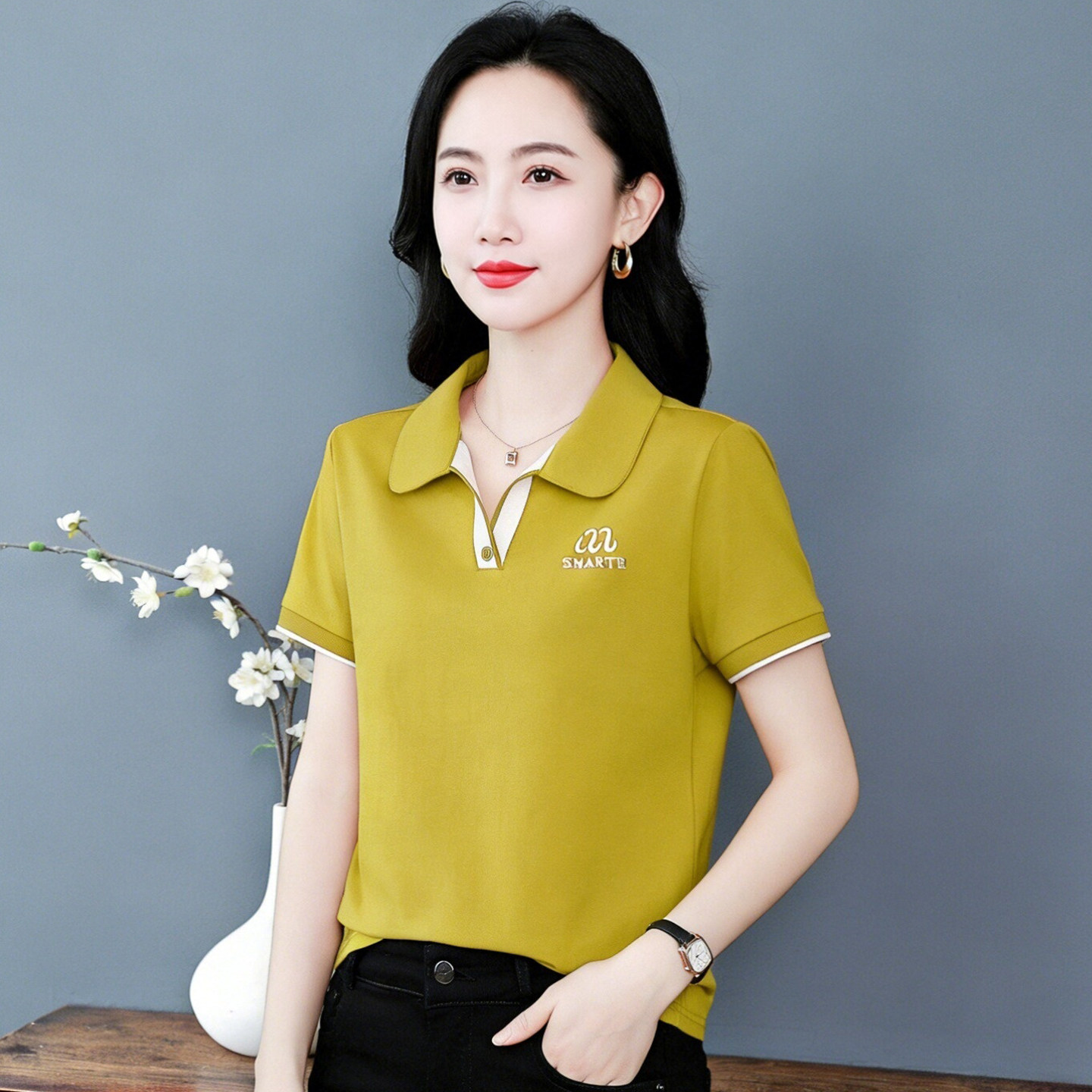 中年妈妈翻领短袖t恤女薄款2026夏季新款洋气减龄半袖衫女士上衣