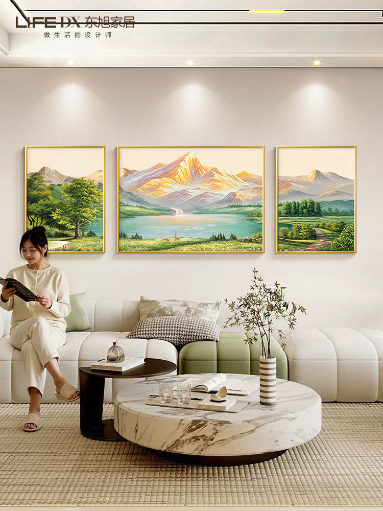 聚宝盆山水画客厅挂画轻奢高级感沙发背景墙挂画西墙聚财三联壁画