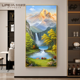 饰画轻奢高级感山水画走廊过道挂画竖版 聚宝盆入户玄关装 手绘油画