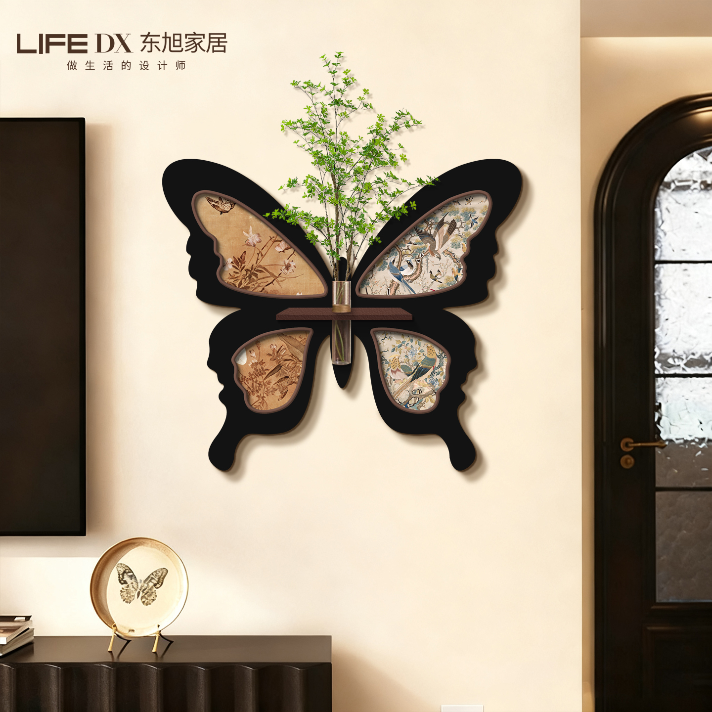 法式中古风蝴蝶客厅装饰画水培绿植挂画餐厅立体砂岩艺术壁画玄关图片