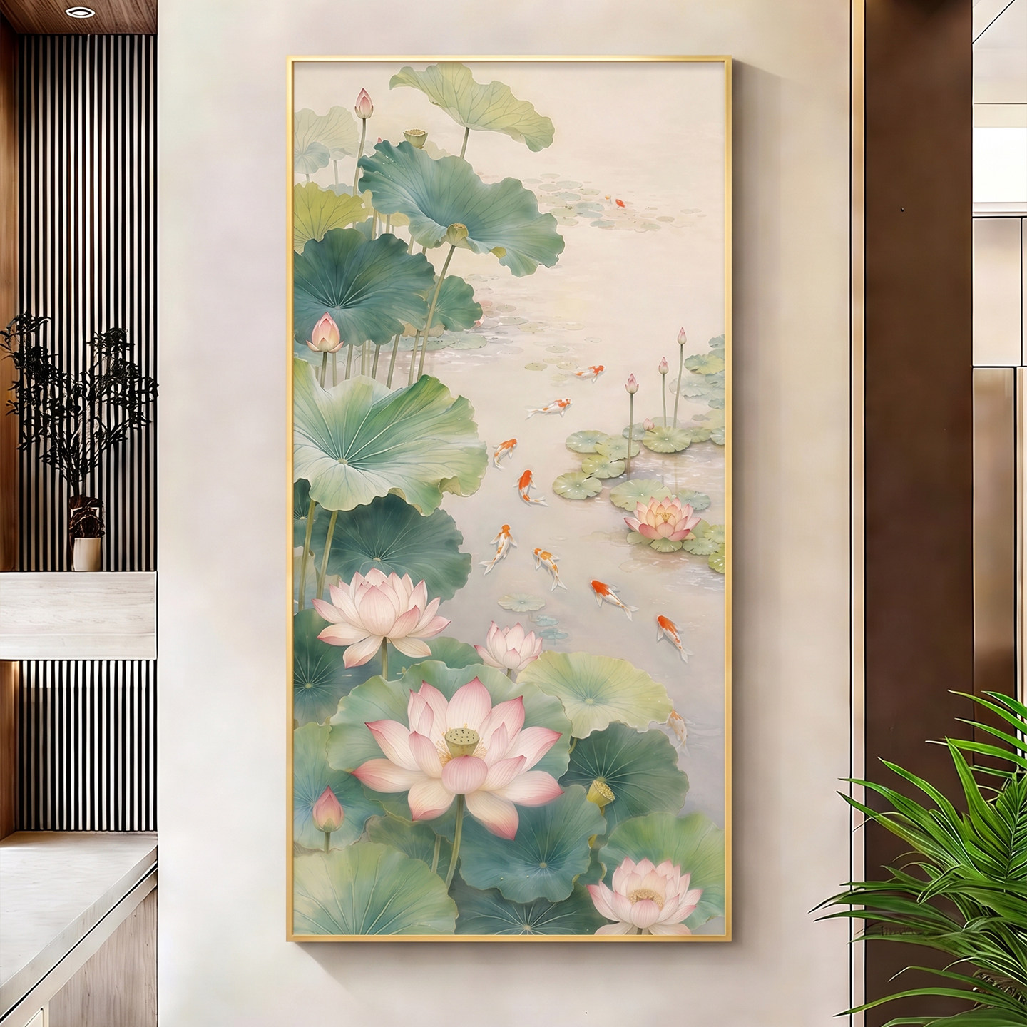 九鱼图入户玄关装饰画手绘油画现代简约新中式荷花走廊过道挂画图片