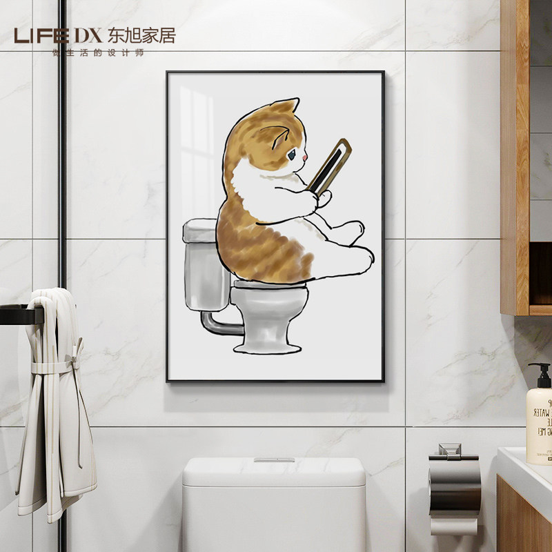 卫生间浴室坐在马桶上的猫装饰画自粘洗手间防水挂画客厅餐厅壁画