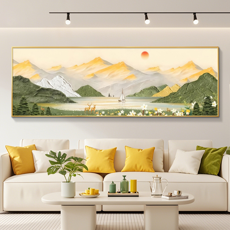 日照金山客厅装饰画山水手绘油画沙发背景墙挂画旭日东升高档壁画图片