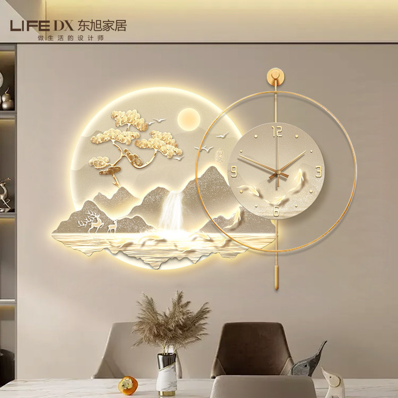 现代轻奢餐厅装饰画带钟表2026新款客厅背景墙挂画高级感餐桌壁画
