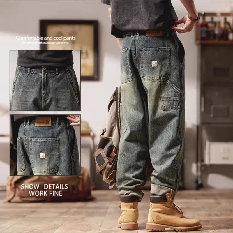 春秋新款港风潮流宽松百搭工装牛仔裤男士2025美式复古耐磨休闲裤,男装,牛仔裤,淘宝优惠券,粉丝福利购,淘宝优惠卷