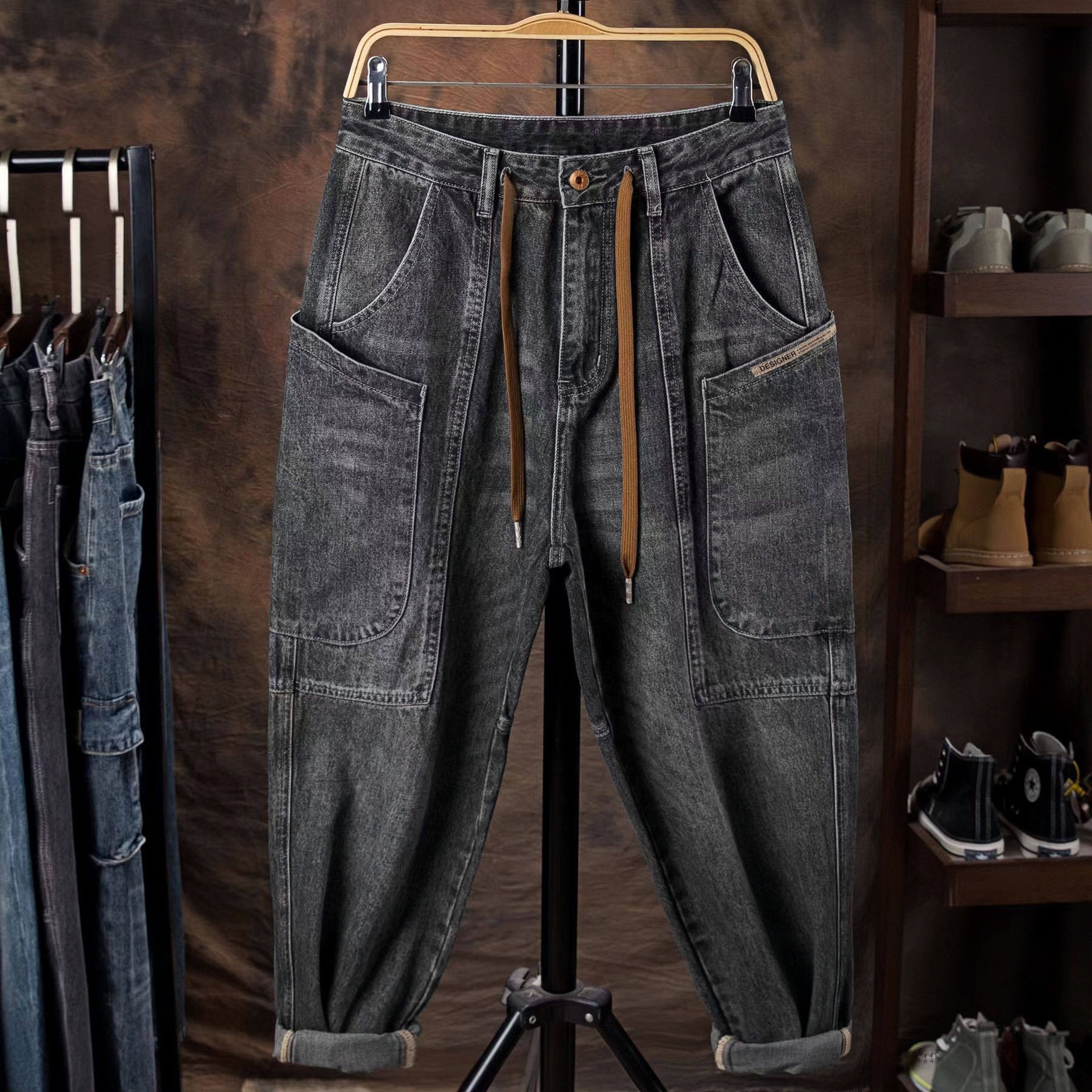 胖子大码休闲牛仔裤男士秋季新款宽松加肥加大工装耐磨小脚哈伦裤