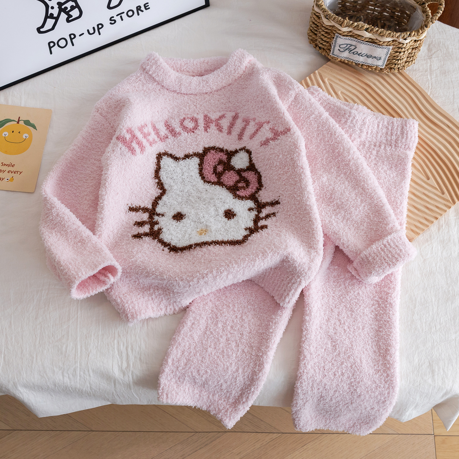 儿童韩版睡衣2025秋冬新款女童可爱kt猫法兰绒珊瑚绒套装家居服暖