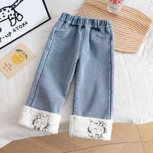 女童新款2025冬季牛仔裤女宝宝韩版kt猫花边直筒阔腿加绒加厚裤子