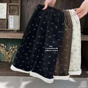 女童灯芯绒加绒直筒裤 一体绒秋冬 甜美蝴蝶结蕾丝花边条绒阔腿裤