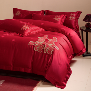 中式 喜字结婚四件套红色贴布绣喜庆被套纯棉全棉床单婚庆嫁娶床品