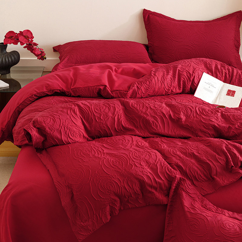 高档纯棉结婚四件套全棉红色玫瑰婚庆喜被套新婚陪嫁婚房床上用品