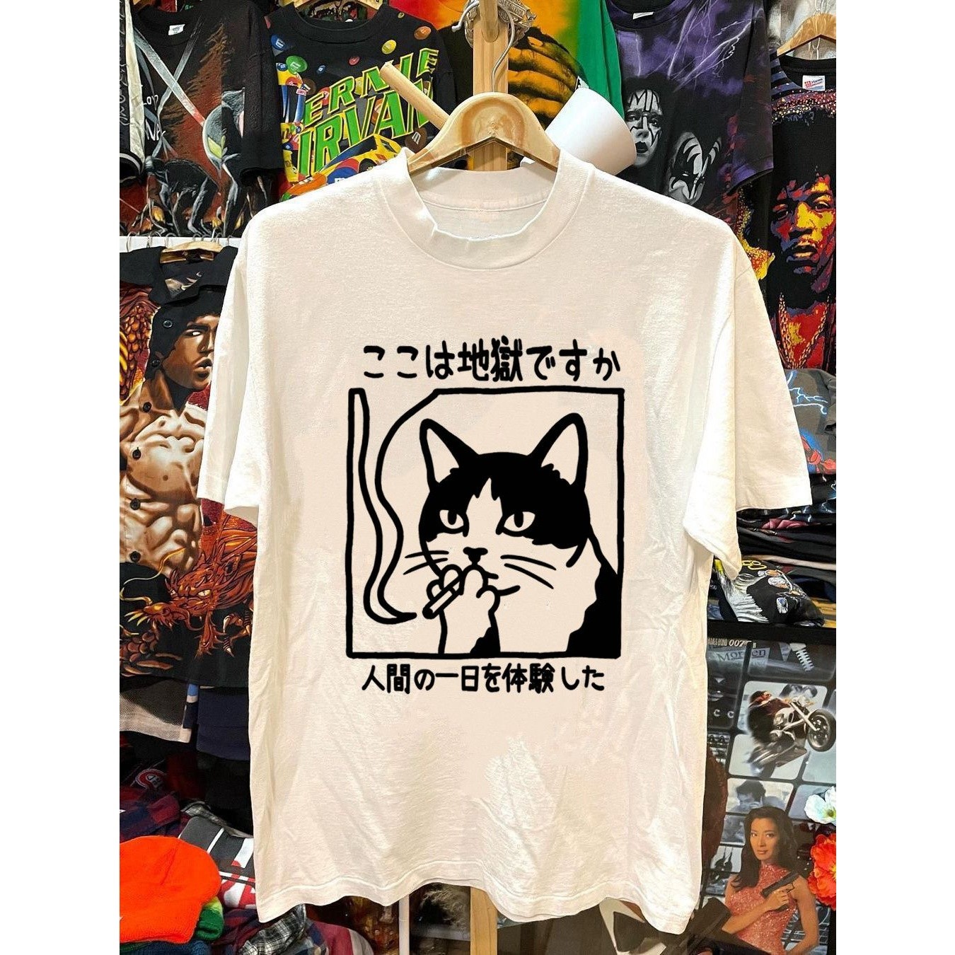 美式潮牌复古漫画猫咪印花短袖T恤男女宽松休闲圆领定制上衣学生