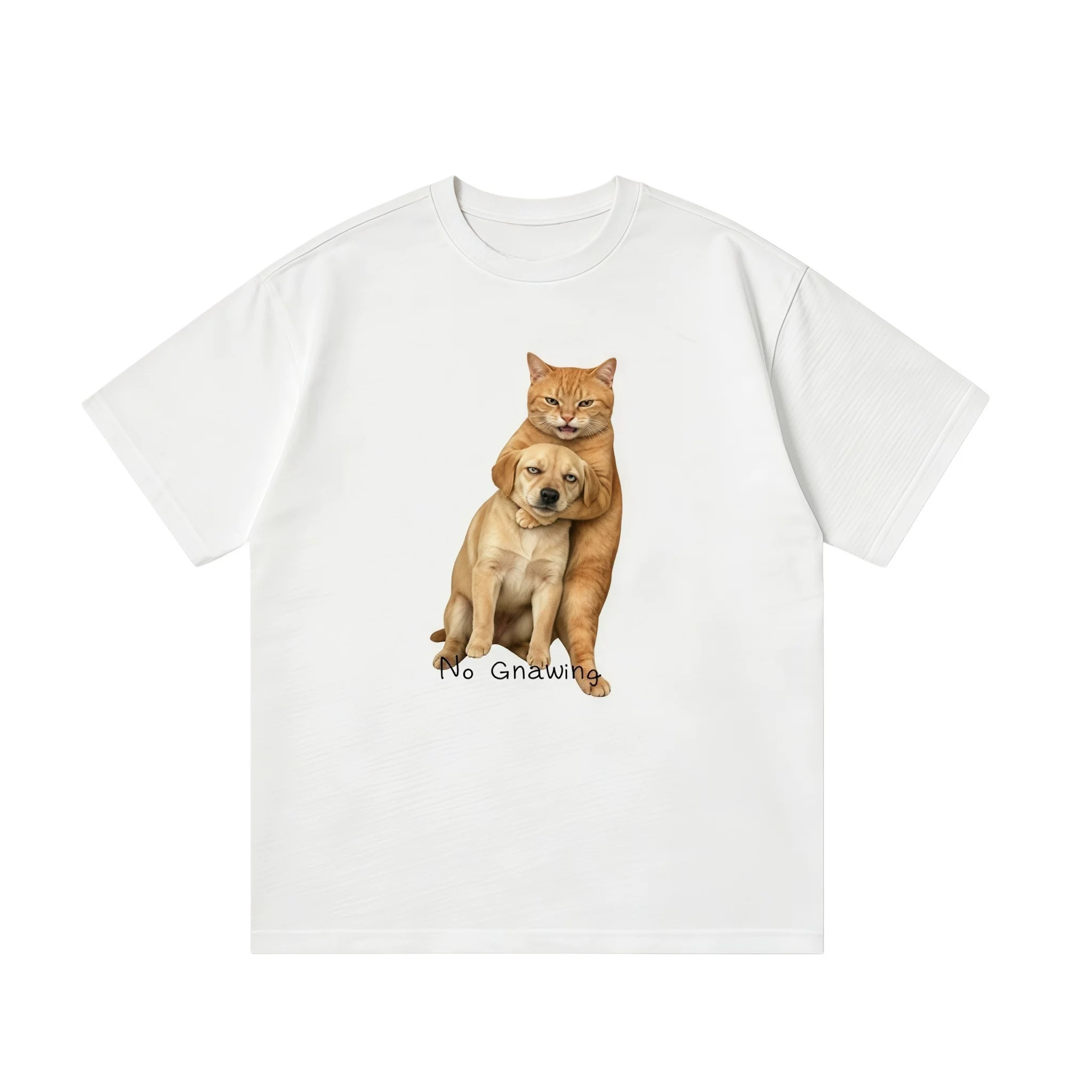 美式创意猫咪搂狗狗图案T恤网红个性潮牌圆领上衣情侣休闲定制t恤