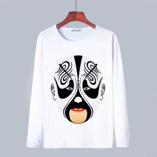国潮京剧戏曲脸谱长袖t恤男女中国风印花休闲宽松情侣圆领上衣服