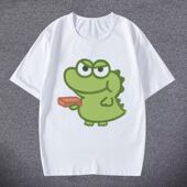 抹茶旦旦干饭人短袖 T恤呆萌小鳄鱼表情包上衣男女儿童百搭t恤学生
