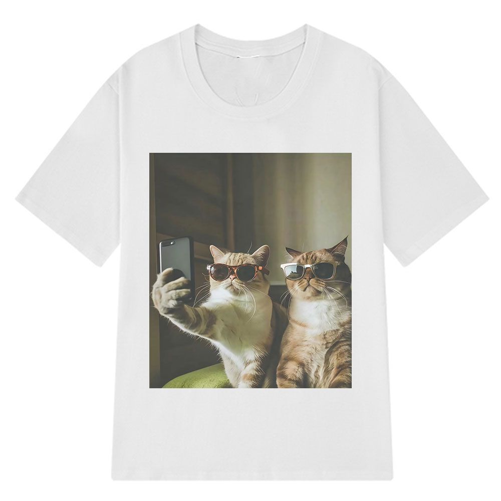 墨镜猫咪自拍印花短袖男女潮牌宽松T恤个性搞怪小猫休闲半袖上衣